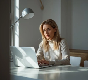 Frau am Laptop mit seitlichen Lichtreflexionen von der einfallenden Sonne