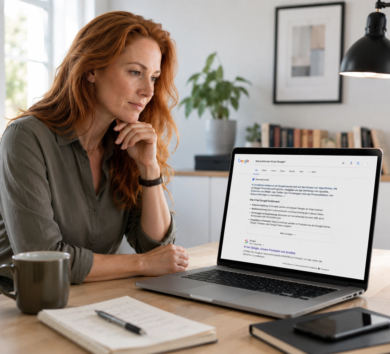 Unternehmerin am Laptop überprüft Suchergebnisse bei Google