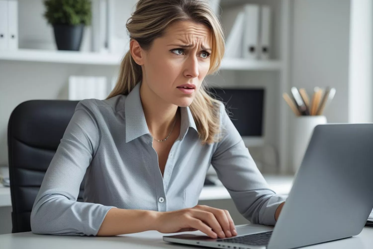 Unternehmerin blickt besorgt auf den Laptop und fragt sich, warum niemand bei ihr kauft