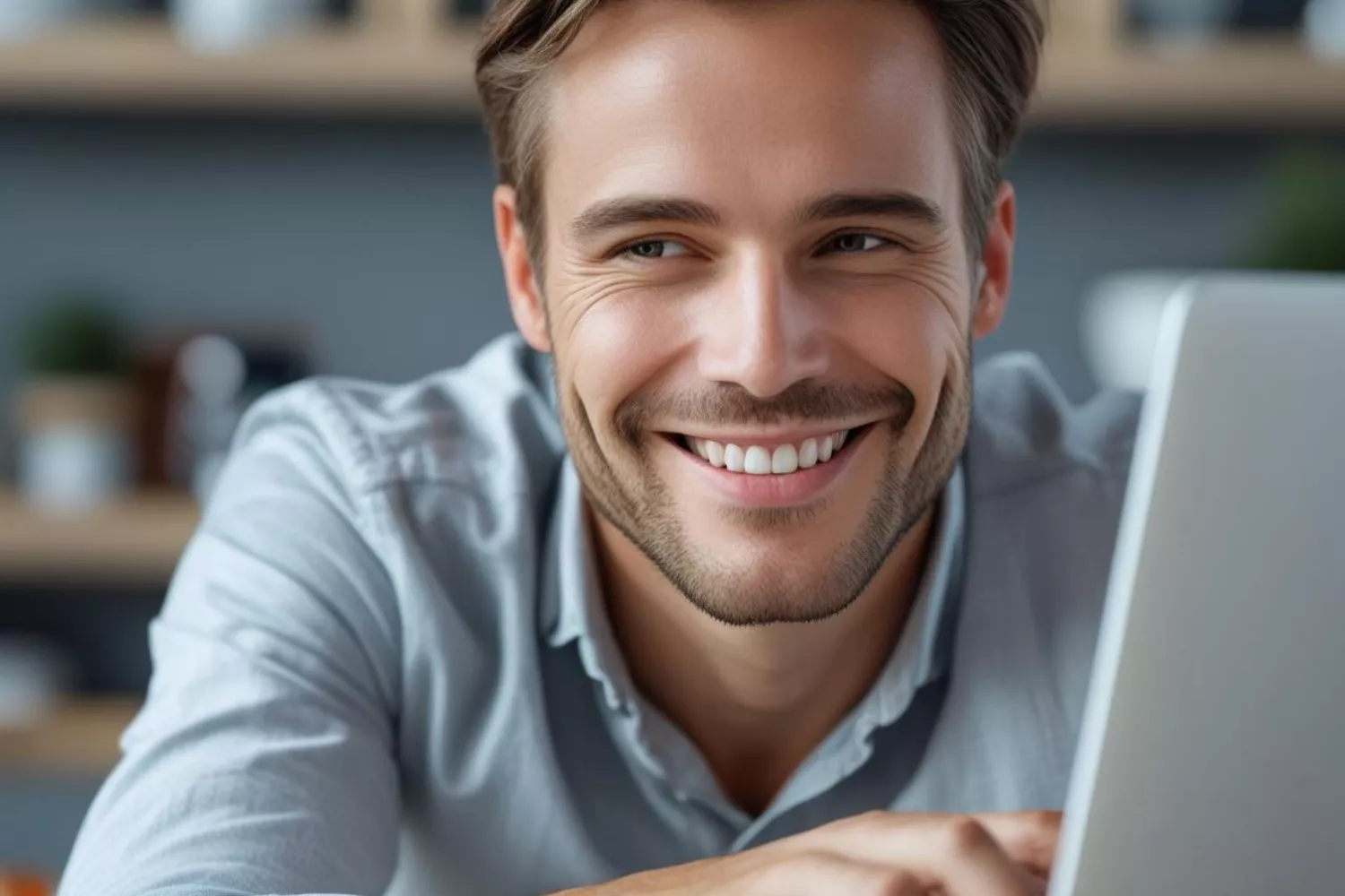 Zufriedener Unternehmer vor seinem Laptop, der eine Website mit Neurowebdesign hat und verkauft
