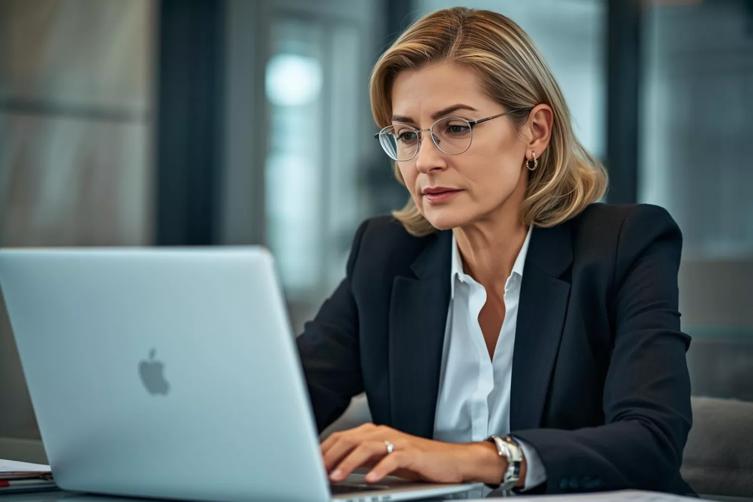 Unternehmerin am Laptop überprüft die Ergänzungen in der Widerrufsbelehrung und der Datenschutzerklärung