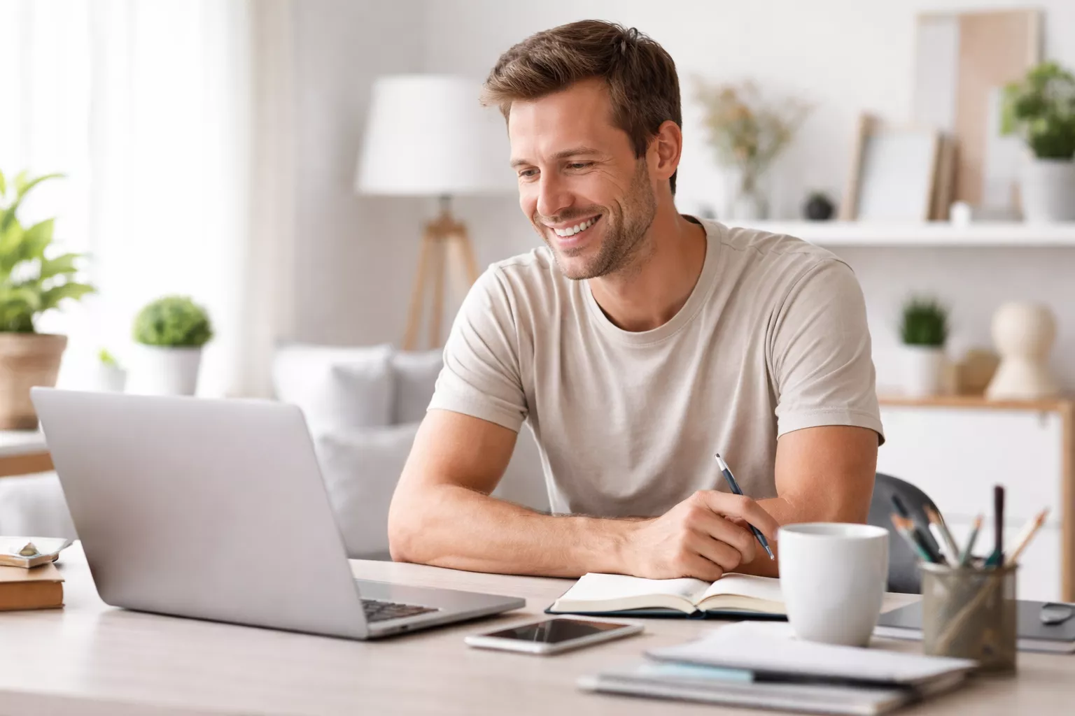 Mann arbeitet im modernen Home Office an seiner Website