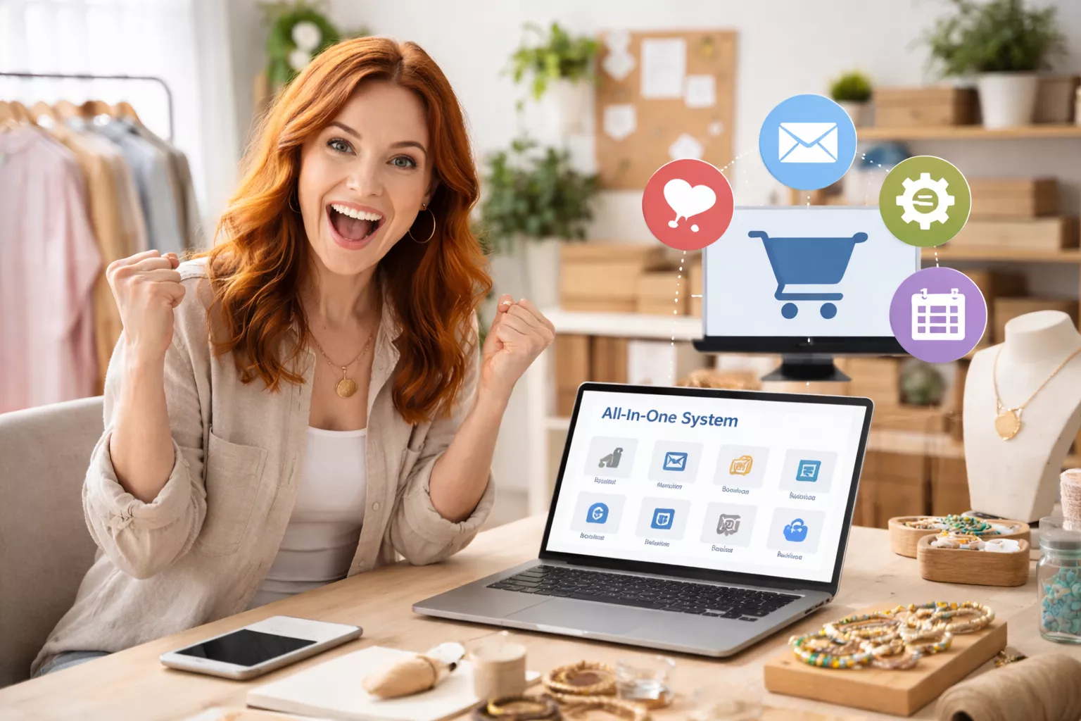 Begeisterte Unternehmerin mit All-In-One System auf Laptop