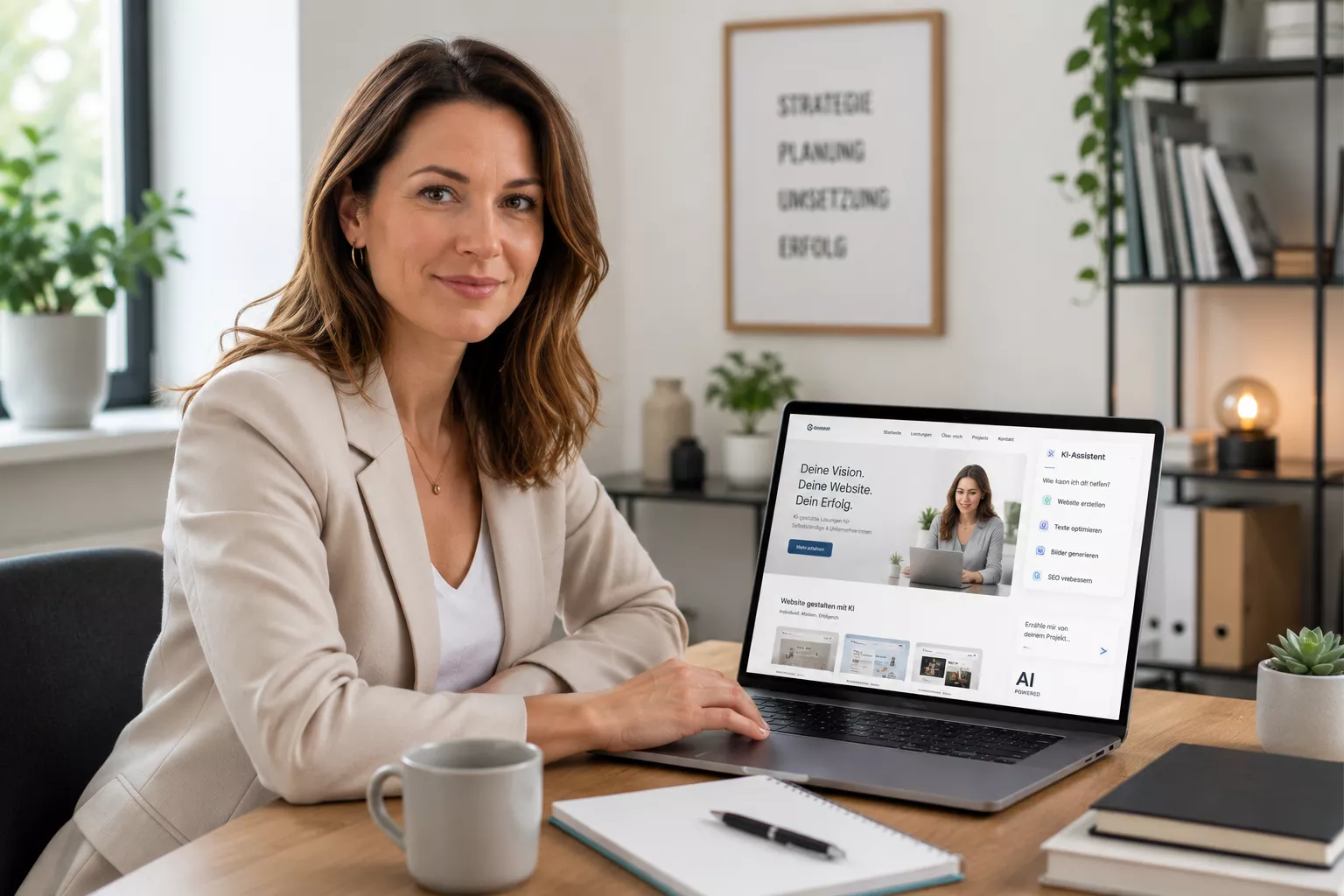 Frau am Schreibtisch mit Laptop zeigt Webdesign-Projekt