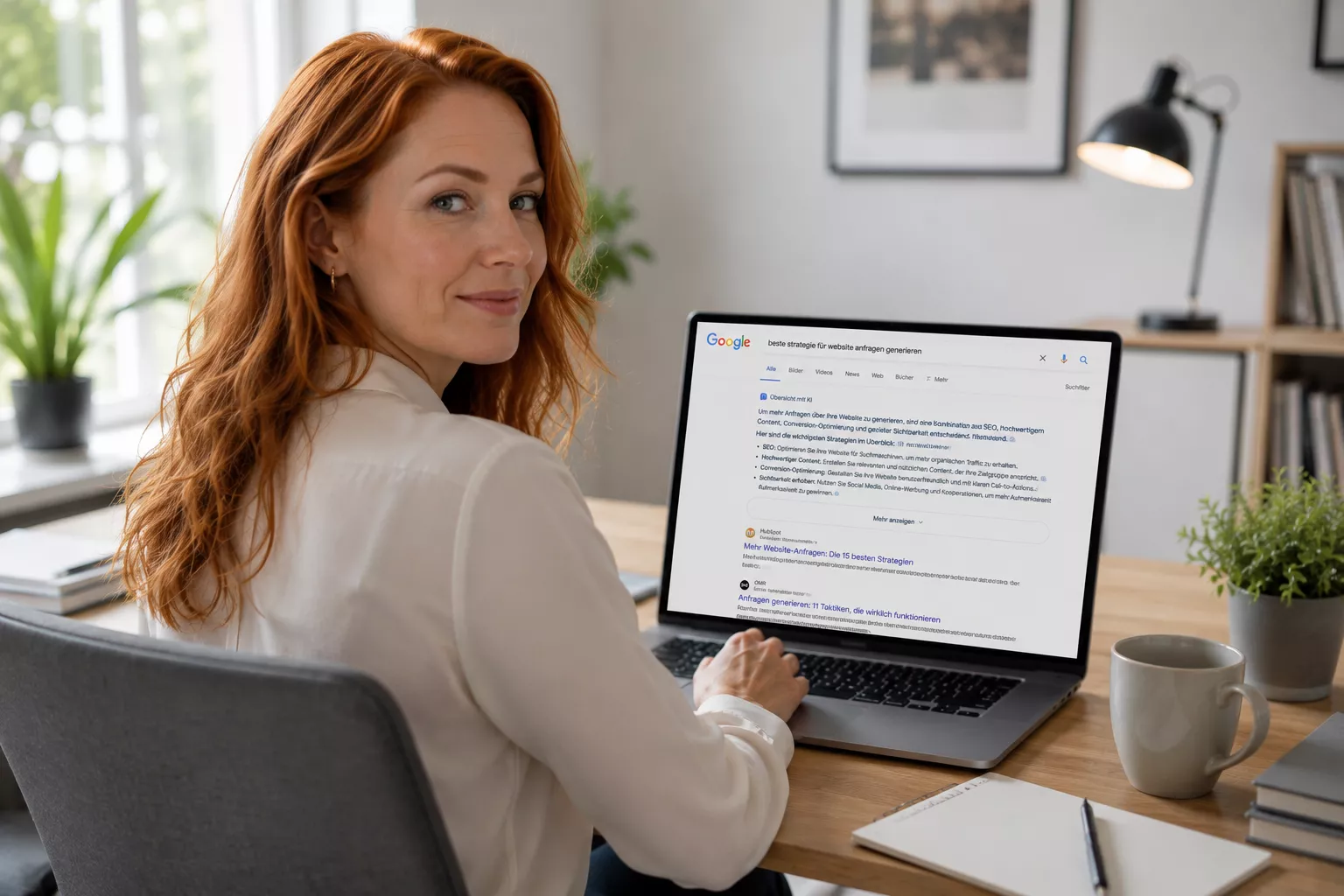 Frau am Laptop mit Google-Suchergebnissen – SEO und KI-gestützte Antworten