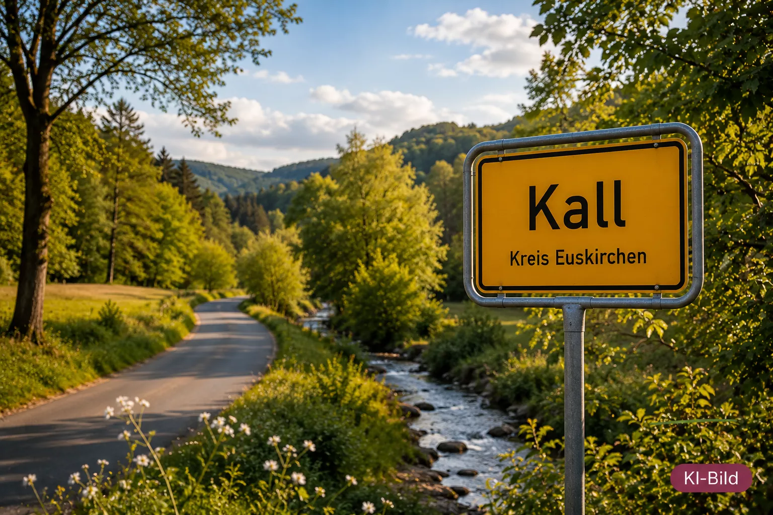 Gelbes Ortseingangsschild mit der Aufschrift Kall, Kreis Euskirchen, an einer sonnigen Landstraße mit Bach, Wiesen und bewaldeten Hügeln in der grünen Nordeifel