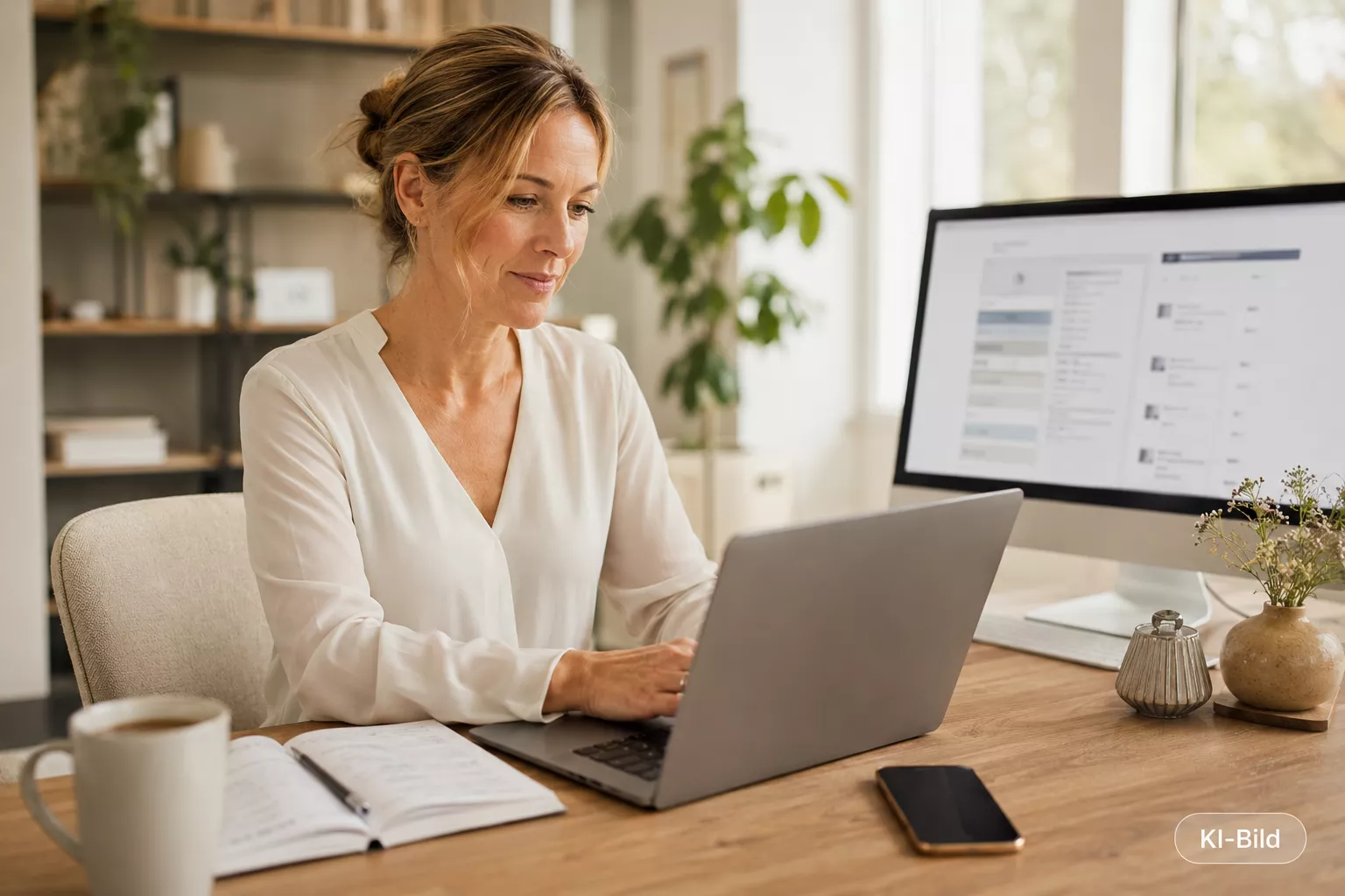 Eine Frau in heller Bluse arbeitet konzentriert am Laptop in einem hellen, aufgeräumten Homeoffice mit zweitem Bildschirm, Notizbuch, Kaffeetasse und Pflanzen.