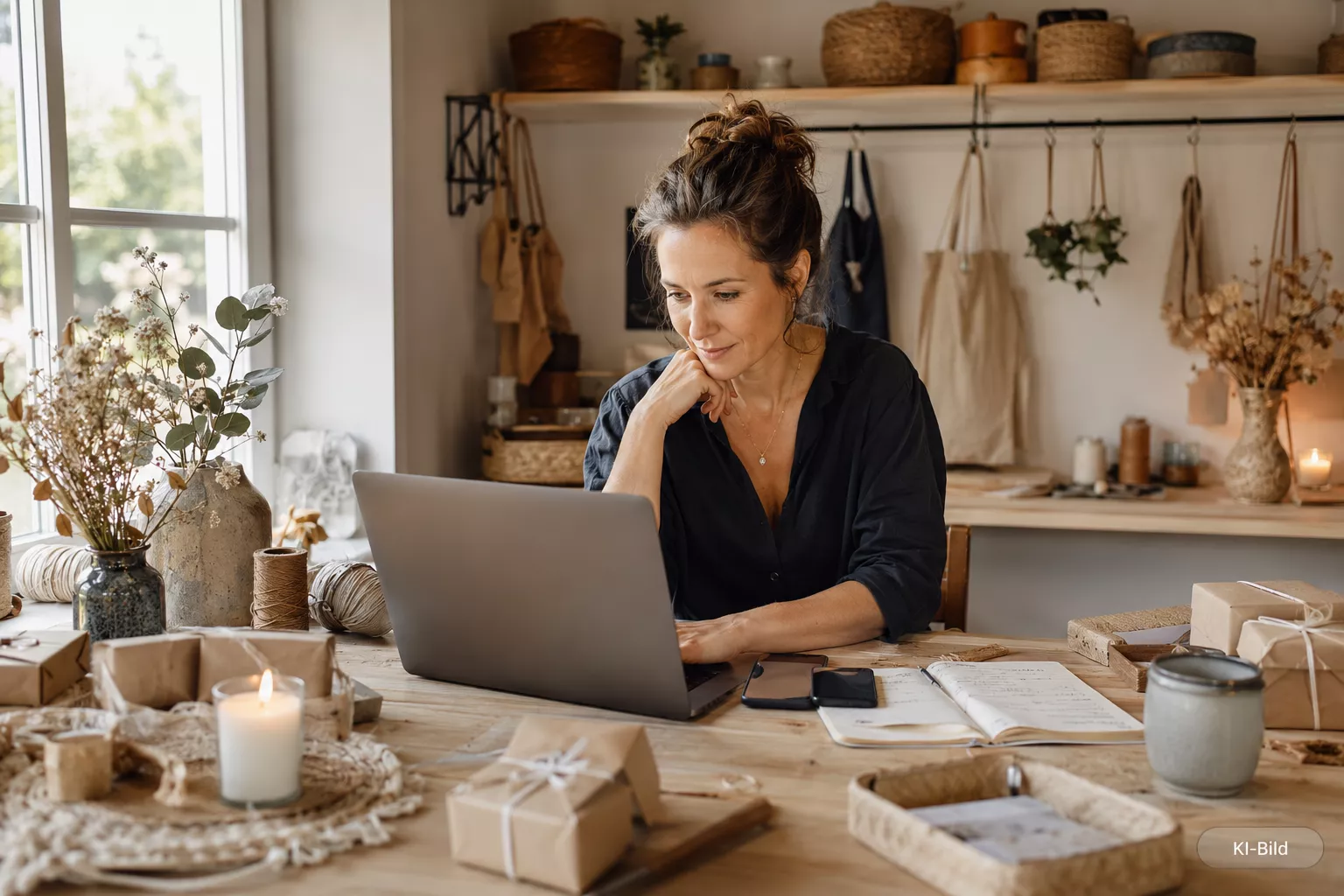Eine Frau mit hochgestecktem Haar arbeitet konzentriert am Laptop an einem Holztisch in einem gemütlichen, natürlich eingerichteten Atelier mit verpackten Päckchen, getrockneten Blumen, Kerzen und Werkstattzubehör im Hintergrund.