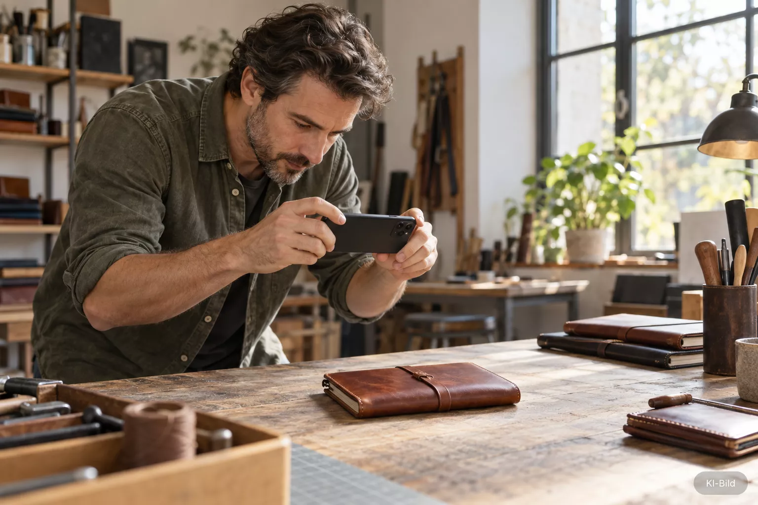 Handwerker fotografiert handgefertigte Lederprodukte mit dem Smartphone in seiner Werkstatt