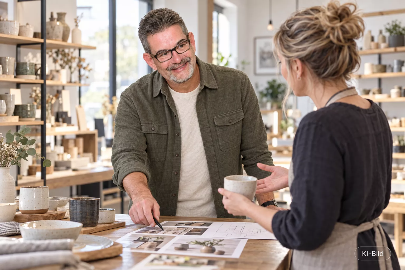 Berater und Ladeninhaberin besprechen gemeinsam Unterlagen an einem Tisch im Geschäft