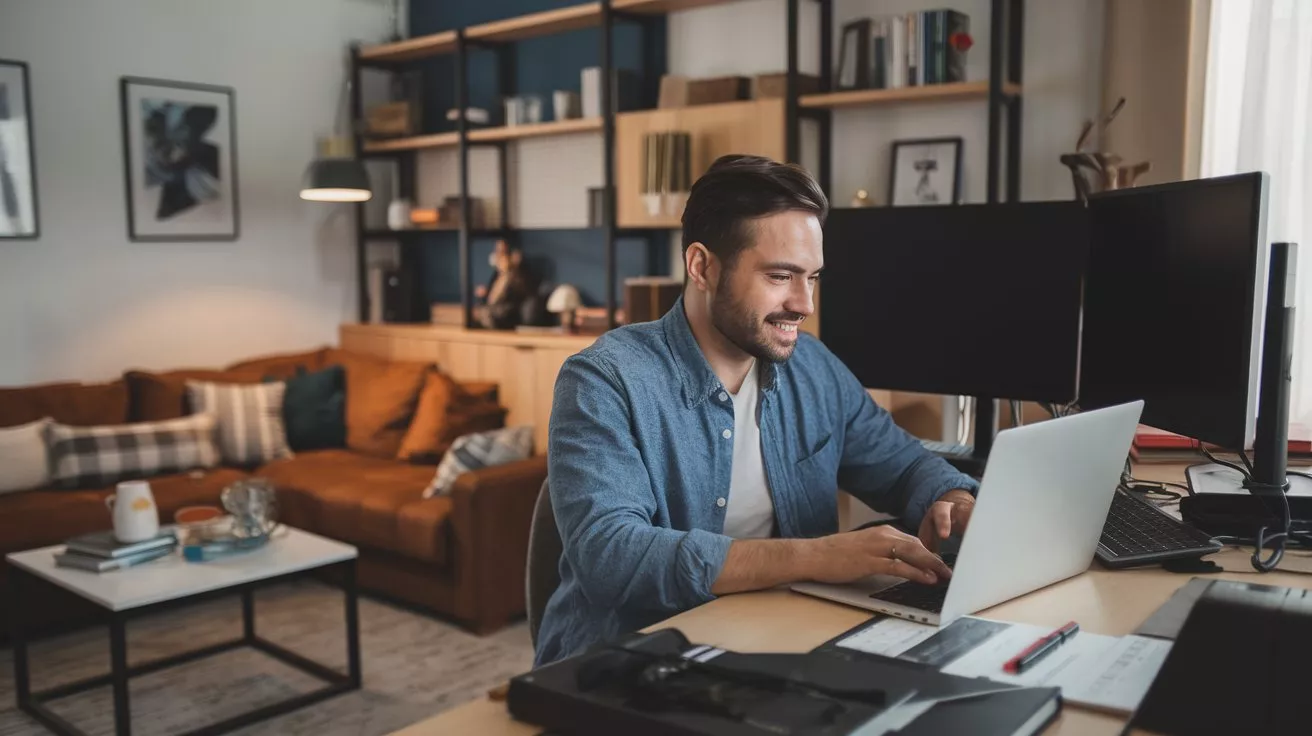 Mann am Schreibtisch mit Laptop, der sich freut, dass unsere Website-Pakete fair und transparent sind