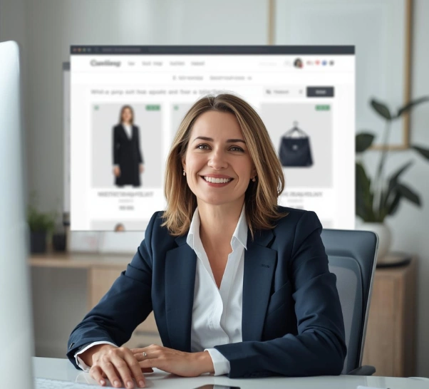 Unternehmerin entspannt am Schreibtisch. Im Hintergrund Online Shop auf einem großen Bildschirm. Hat den Widerrufsbutton bereits auf ihrer Website umgesetzt.