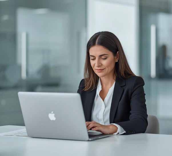 Unternehmerin am Laptop überprüft das Gewährleistungslabel