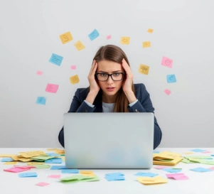 Unternehmerin etwas überfordert am Laptop vom Onlinemarketing