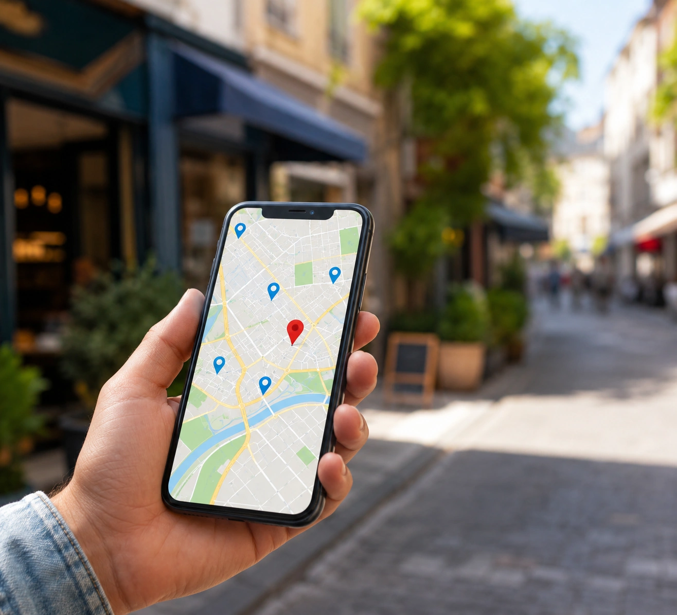 Smartphone mit Google Maps in einer Kleistadt