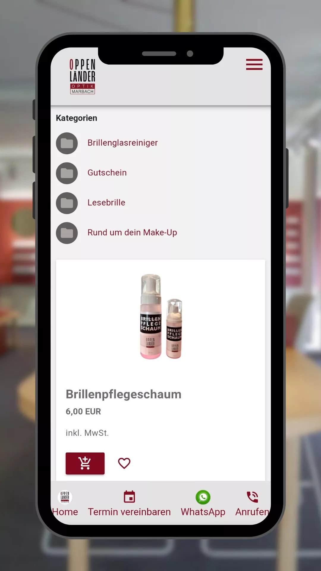 Oppenländer Optik App Ansicht Shop-Kategorien