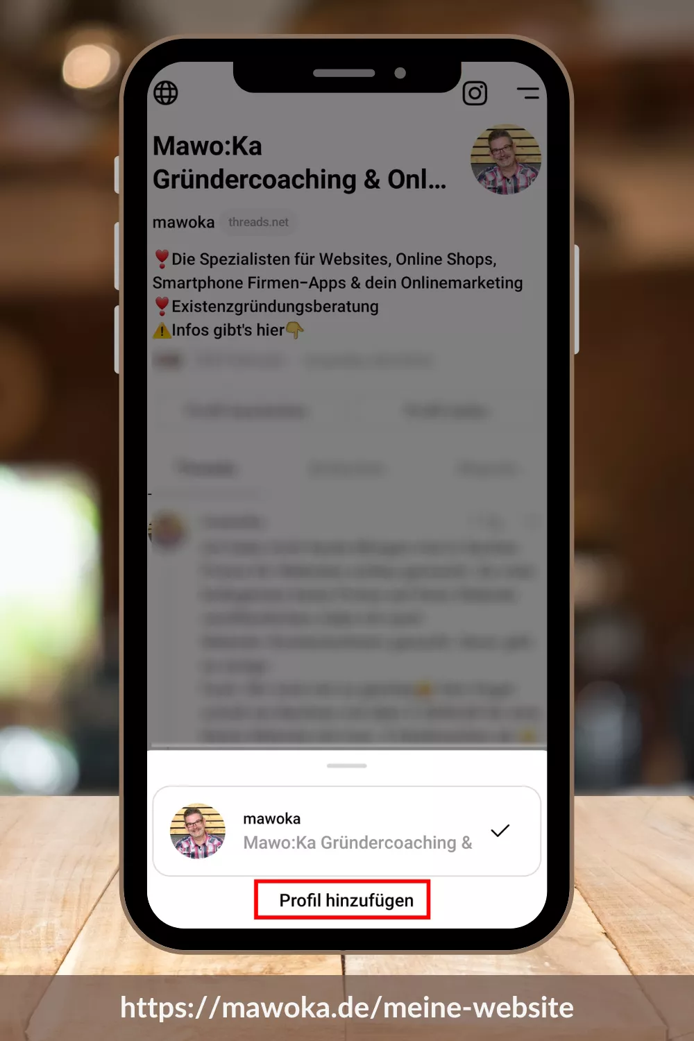 Thread-Profil mit Pop-Up im Footer, über das man ein weiteres Profil hinzufügen kann